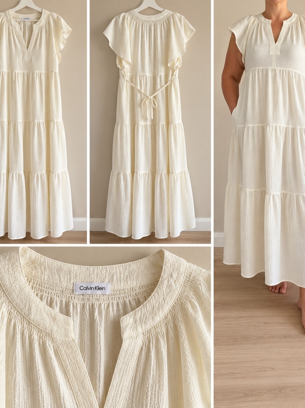 Calvin Klein Ivory Tiered Maxi Dress with Flutter Sleeves - Picture 2 of 3